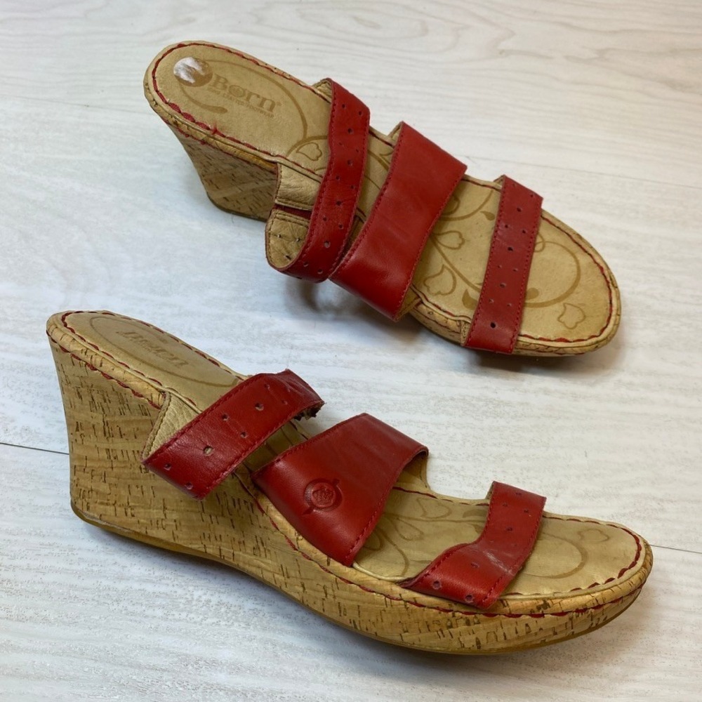 Born Womens 9 Wedge Sandals Slide Red Leather Cork Platform D30405 Comfort Boho
